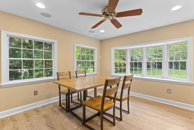 9 Oak St, Wayland, MA 01778 - dining area with baseboards, light wood-style flooring, a ceiling fan, and recessed lighting