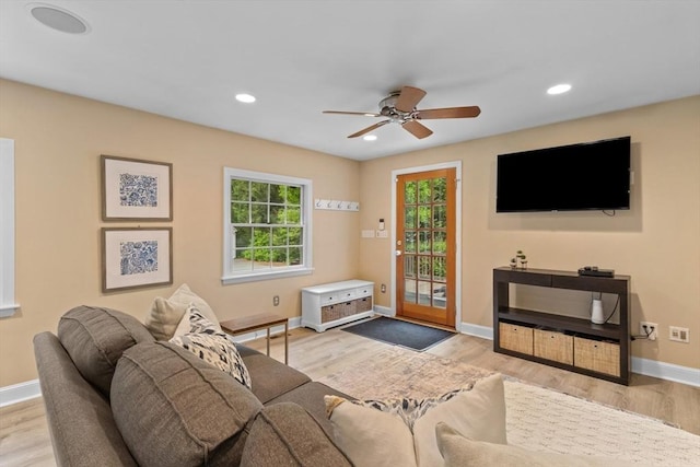9 Oak St, Wayland, MA 01778 - living area with baseboards, wood finished floors, ceiling fan, and recessed lighting
