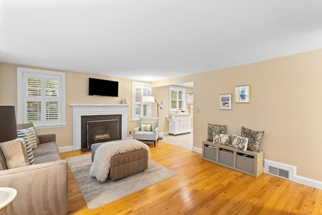 9 Oak St, Wayland, MA 01778 - living room with light wood-style floors, baseboards, and a fireplace with flush hearth