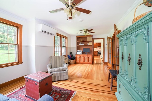 493 Salisbury St, Worcester, MA 01609 - living room featuring a wall unit AC, ceiling fan, healthy amount of natural light, and ornamental molding