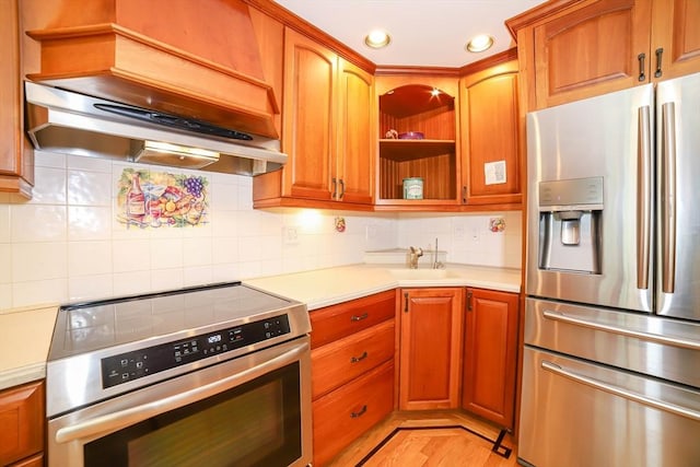 493 Salisbury St, Worcester, MA 01609 - kitchen with stainless steel appliances, a sink, light countertops, custom range hood, and open shelves