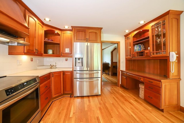 493 Salisbury St, Worcester, MA 01609 - kitchen featuring stainless steel appliances, open shelves, custom range hood, light wood finished floors, and recessed lighting