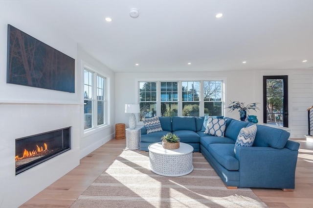 living room with a healthy amount of sunlight and light hardwood / wood-style floors