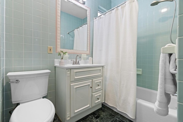 39 School St Unit 39, Brookline, MA 02446 - bathroom featuring tile walls, vanity, marble finish flooring, toilet, and shower / bath combination with curtain