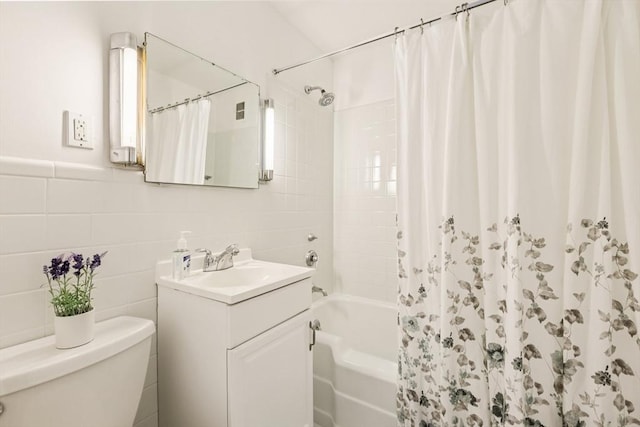 128 Pleasant St Unit 407, Arlington, MA 02476 - full bath with vanity, toilet, shower / bath combination with curtain, and tile walls