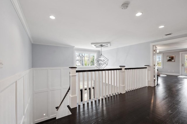 3 Toronto Ave, Gloucester, MA 01930 - corridor featuring an upstairs landing, ornamental molding, a decorative wall, dark wood-style flooring, and recessed lighting