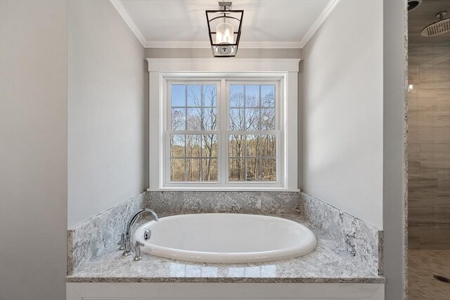 3 Toronto Ave, Gloucester, MA 01930 - bathroom featuring a garden tub, tiled shower, and crown molding