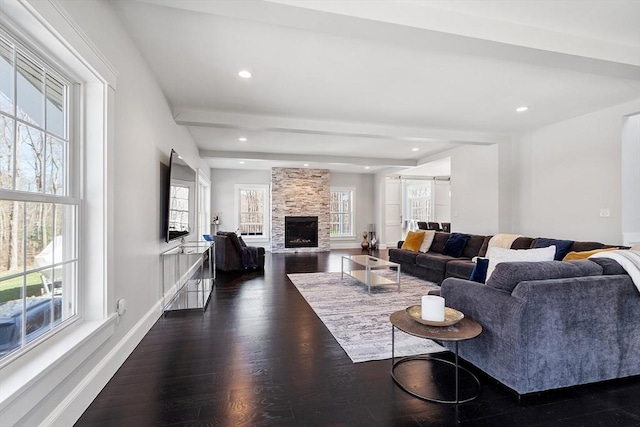 3 Toronto Ave, Gloucester, MA 01930 - living area with plenty of natural light, dark wood-style floors, baseboards, recessed lighting, and beam ceiling