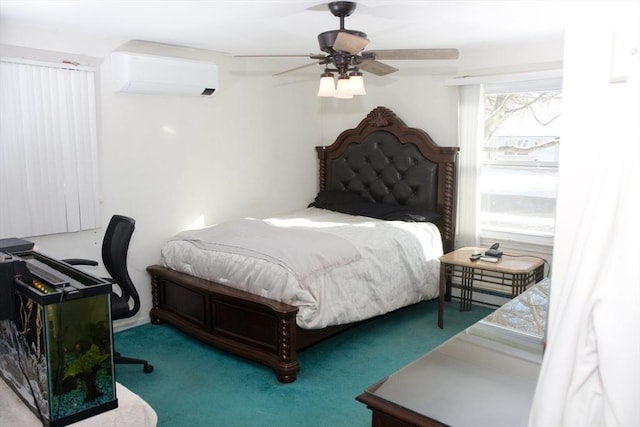 bedroom featuring carpet floors, a wall mounted AC, and a ceiling fan