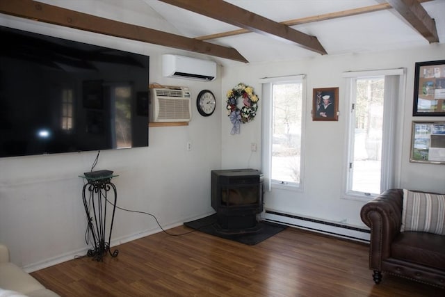 entryway featuring vaulted ceiling with beams, wood finished floors, an AC wall unit, baseboard heating, and a wood stove