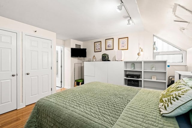 bedroom featuring rail lighting and wood finished floors