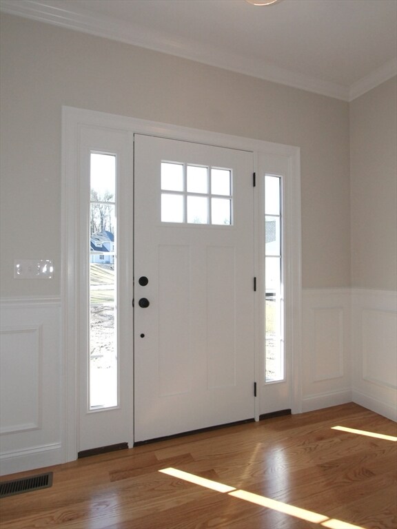 foyer with crown molding, light hardwood / wood-style flooring, and a healthy amount of sunlight