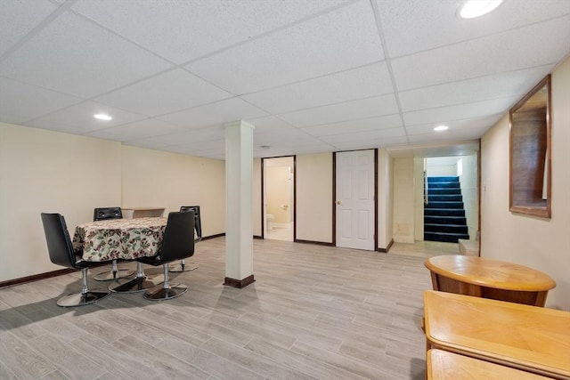 16 Elm St, Leominster, MA 01453 - dining room with baseboards, light wood-style floors, stairway, a paneled ceiling, and recessed lighting