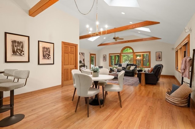 dining area featuring a skylight, light wood-style flooring, recessed lighting, and a ceiling fan