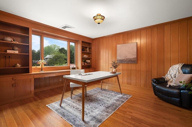 home office featuring light wood-type flooring, wood walls, and built in features