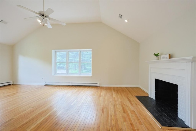 37 Annetta Rd, Ashland, MA 01721 - unfurnished living room featuring light wood finished floors, a baseboard heating unit, vaulted ceiling, ceiling fan, and a brick fireplace