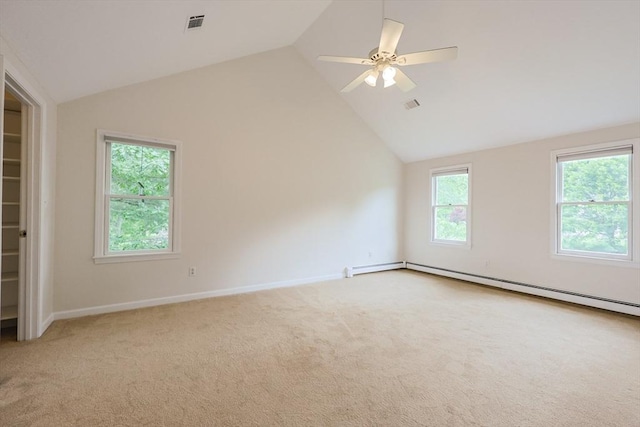 37 Annetta Rd, Ashland, MA 01721 - empty room featuring lofted ceiling, light carpet, baseboards, ceiling fan, and a baseboard heating unit