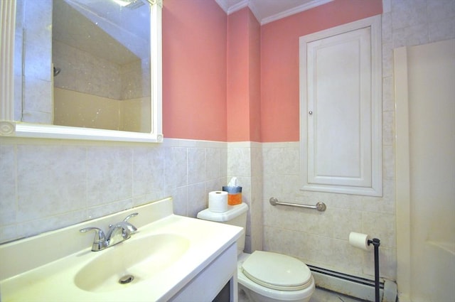 446 Elm St, East Bridgewater, MA 02333 - bathroom with baseboard heating, ornamental molding, tile walls, and vanity