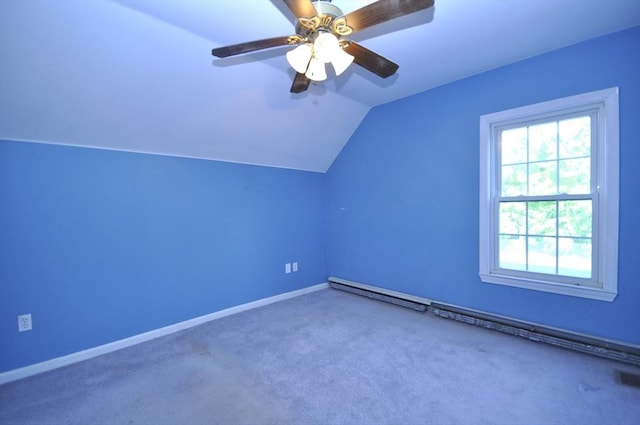446 Elm St, East Bridgewater, MA 02333 - additional living space featuring vaulted ceiling, a baseboard radiator, carpet, and a ceiling fan