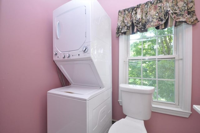 446 Elm St, East Bridgewater, MA 02333 - washroom with stacked washer / drying machine