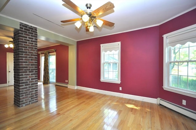 446 Elm St, East Bridgewater, MA 02333 - unfurnished room with a baseboard heating unit, a ceiling fan, wood finished floors, plenty of natural light, and ornamental molding