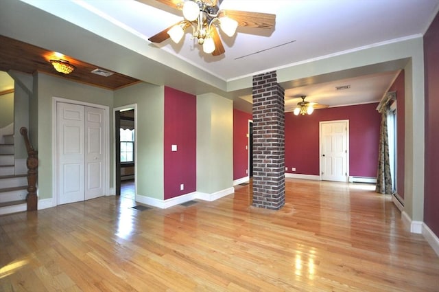446 Elm St, East Bridgewater, MA 02333 - unfurnished living room featuring decorative columns, a ceiling fan, light wood-type flooring, a baseboard radiator, and stairway