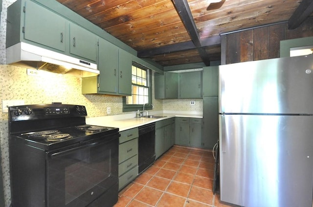 446 Elm St, East Bridgewater, MA 02333 - kitchen with black appliances, under cabinet range hood, a wooden ceiling with exposed beams, green cabinetry, and light tile patterned floors