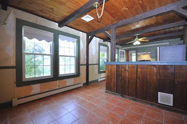 446 Elm St, East Bridgewater, MA 02333 - kitchen featuring a baseboard radiator, a wooden ceiling with exposed beams, tile patterned flooring, plenty of natural light, and under cabinet range hood