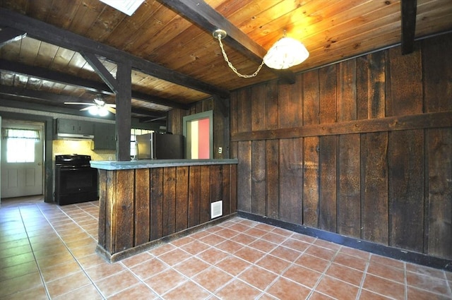 446 Elm St, East Bridgewater, MA 02333 - bar area with black electric range oven, freestanding refrigerator, a wooden ceiling with exposed beams, wooden walls, and under cabinet range hood
