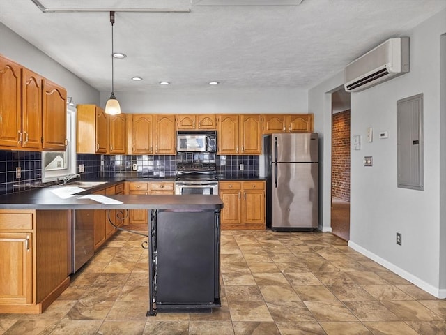 kitchen with stainless steel appliances, a wall mounted AC, electric panel, tasteful backsplash, and dark countertops