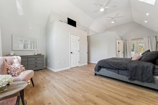 17 Atwood Ave, Millbury, MA 01527 - bedroom featuring light wood-style flooring, access to exterior, baseboards, a ceiling fan, and high vaulted ceiling