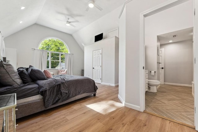 17 Atwood Ave, Millbury, MA 01527 - bedroom featuring light wood-style floors, vaulted ceiling, ensuite bath, ceiling fan, and baseboards