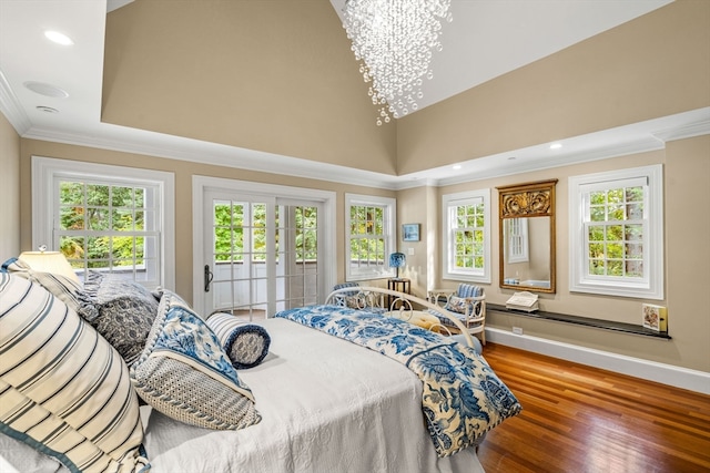 bedroom featuring a chandelier, access to exterior, multiple windows, and wood-type flooring