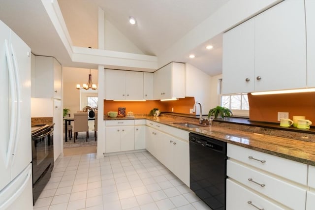 kitchen featuring lofted ceiling, sink, electric range oven, black dishwasher, and white cabinets