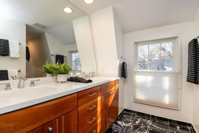 bathroom with vanity, vaulted ceiling, and a wealth of natural light