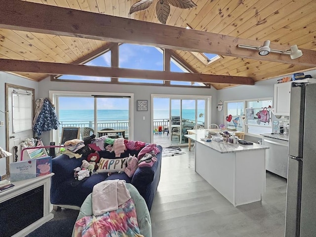 498 N End Blvd, Salisbury, MA 01952 - living area featuring wooden ceiling, healthy amount of natural light, a skylight, a water view, and light wood finished floors