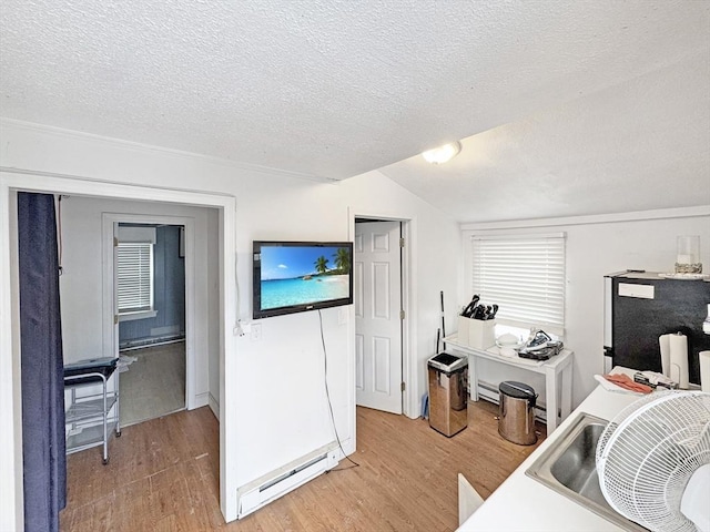498 N End Blvd, Salisbury, MA 01952 - office area featuring light wood-type flooring, a baseboard heating unit, a textured ceiling, and lofted ceiling
