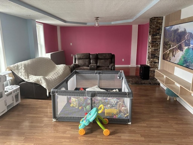 rec room with a textured ceiling, a raised ceiling, and wood-type flooring