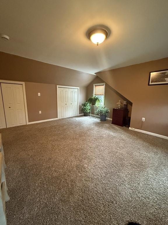 additional living space featuring lofted ceiling, baseboards, and carpet floors