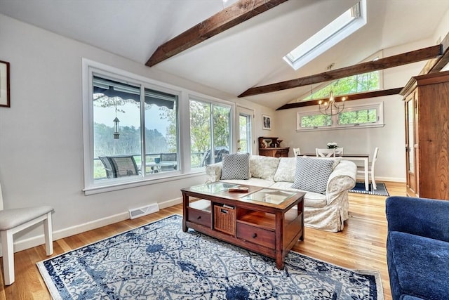 living area with a skylight, plenty of natural light, wood finished floors, and baseboards