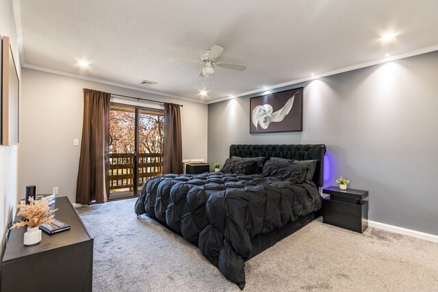 bedroom featuring carpet flooring, access to outside, ceiling fan, and ornamental molding