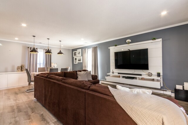 living room with light hardwood / wood-style flooring and crown molding