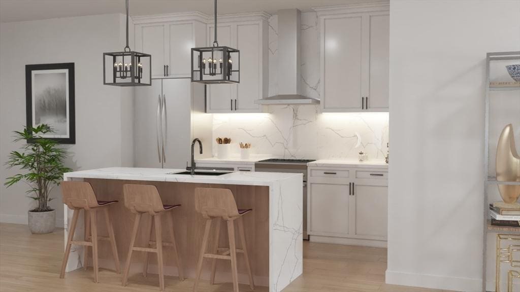 2 Weld Hill St Unit Ph3, Boston, MA 02130 - kitchen featuring wall chimney exhaust hood, a sink, stainless steel electric range, fridge, and backsplash