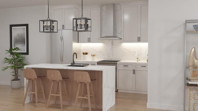 2 Weld Hill St Unit Ph3, Boston, MA 02130 - kitchen featuring wall chimney exhaust hood, a sink, stainless steel electric range, fridge, and backsplash
