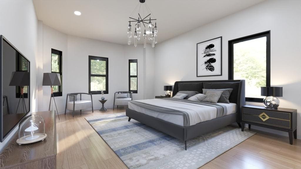 2 Weld Hill St Unit Ph3, Boston, MA 02130 - bedroom with wood finished floors, a chandelier, and recessed lighting