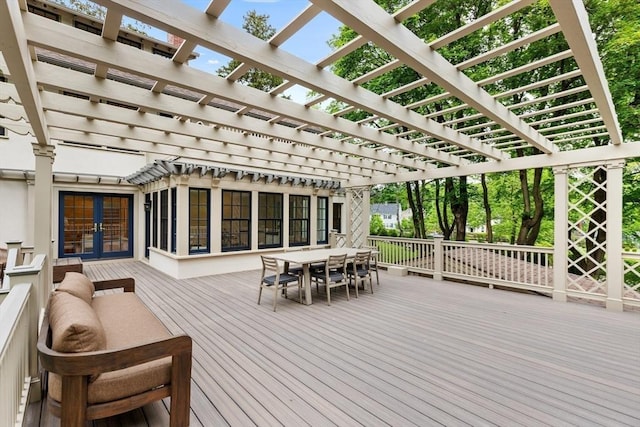 2 Percy Rd, Lexington, MA 02421 - deck with outdoor dining area, a pergola, and french doors