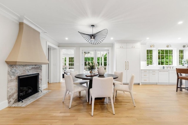 2 Percy Rd, Lexington, MA 02421 - dining room with crown molding, recessed lighting, light wood finished floors, and a high end fireplace