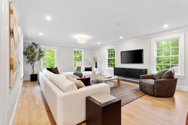 2 Percy Rd, Lexington, MA 02421 - living area featuring light wood-style flooring, crown molding, baseboards, and recessed lighting