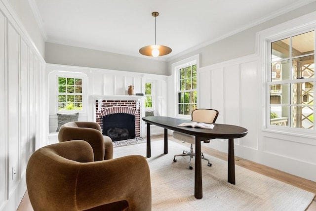 2 Percy Rd, Lexington, MA 02421 - office space with a decorative wall, light wood-style floors, a brick fireplace, and ornamental molding