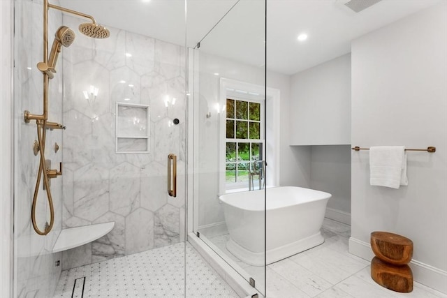 2 Percy Rd, Lexington, MA 02421 - full bath with a freestanding bath, a marble finish shower, baseboards, and marble finish floors